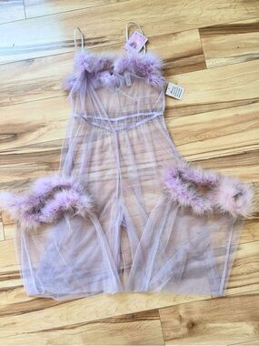 Savage X Fenty Lavender Marabou Romper M/L Sheer Flawed NWT